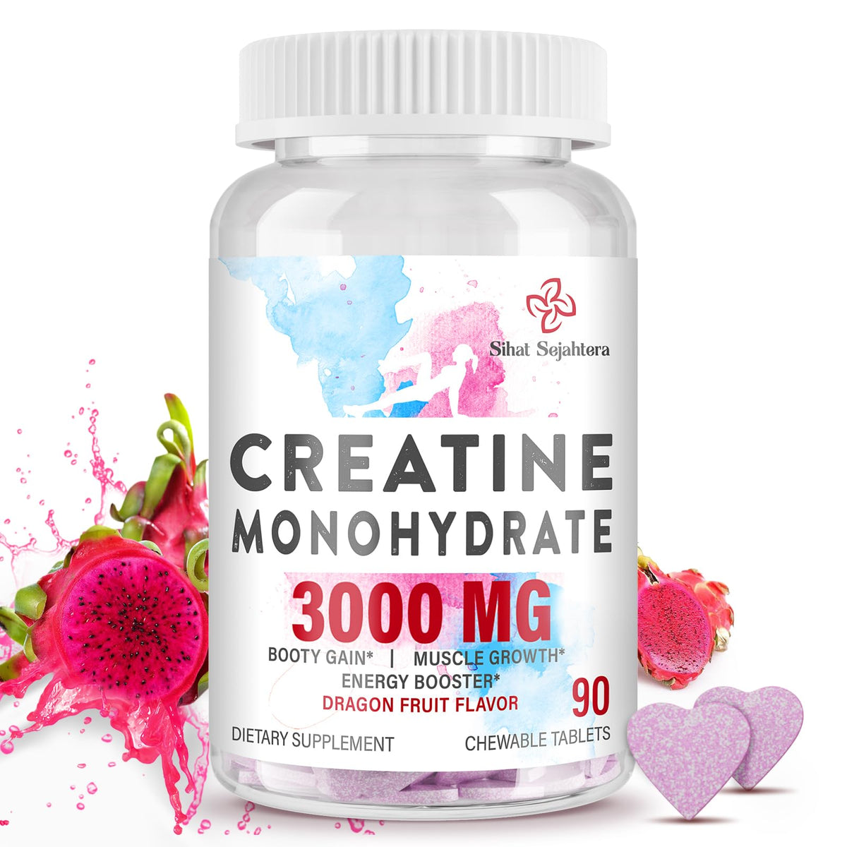 Creatine Monohydrate Chewable Tablets 3000mg with BCAA & Collagen – Dragon Fruit – 90 Count
