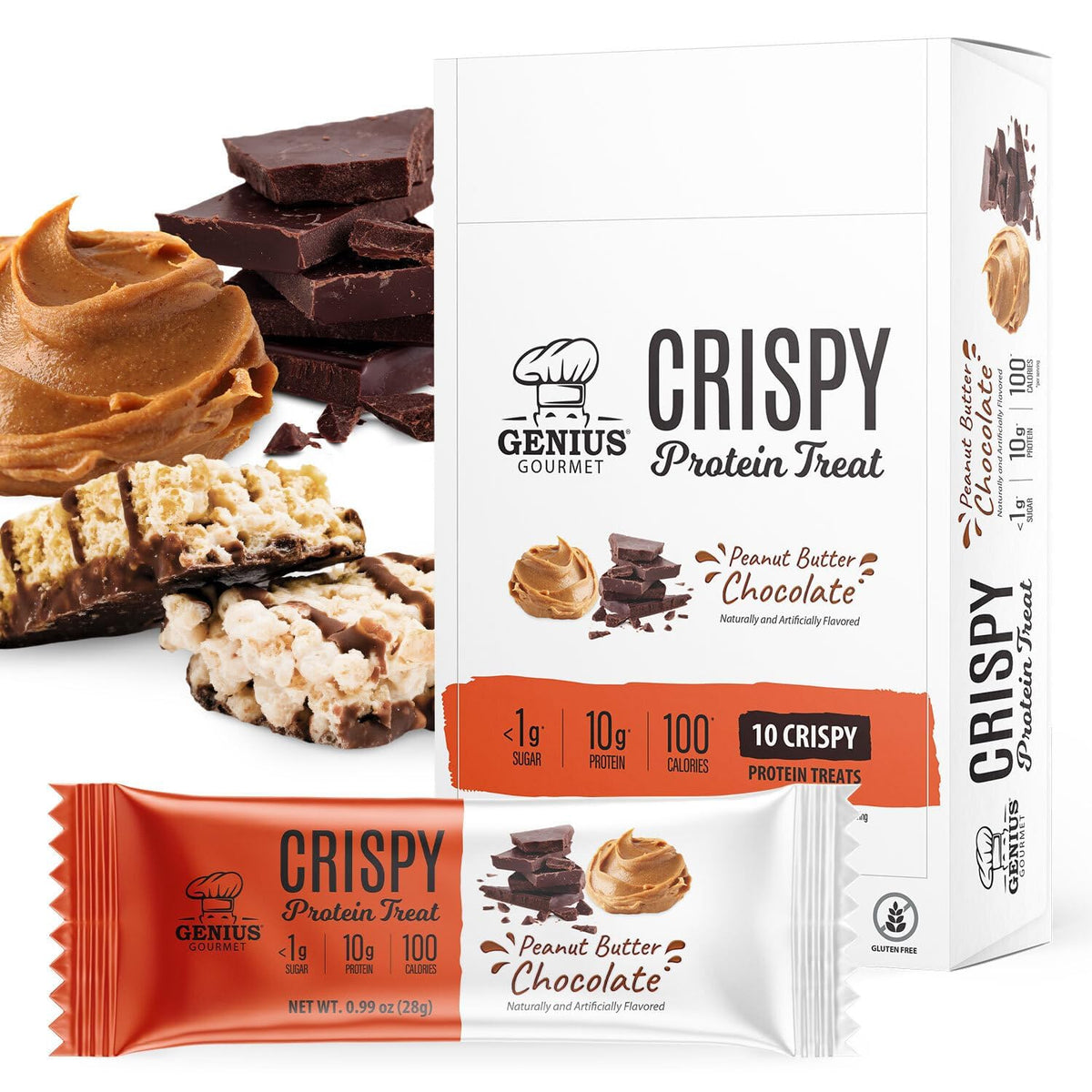 Genius Gourmet Crispy Protein Treat – Peanut Butter Chocolate | 10g Whey Protein | Keto | 10 Count