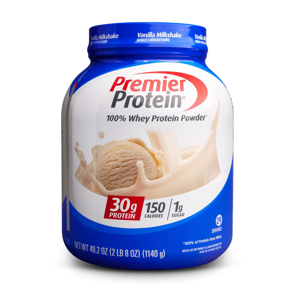 « Premier Protein vanilla milkshake protein powder side view »