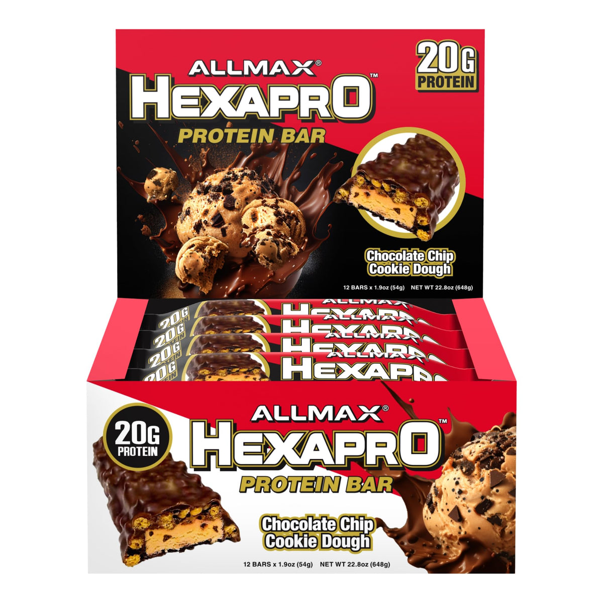 ALLMAX HEXAPRO Protein Bar – Chocolate Chip Cookie Dough | 20g Protein | 12 Pack