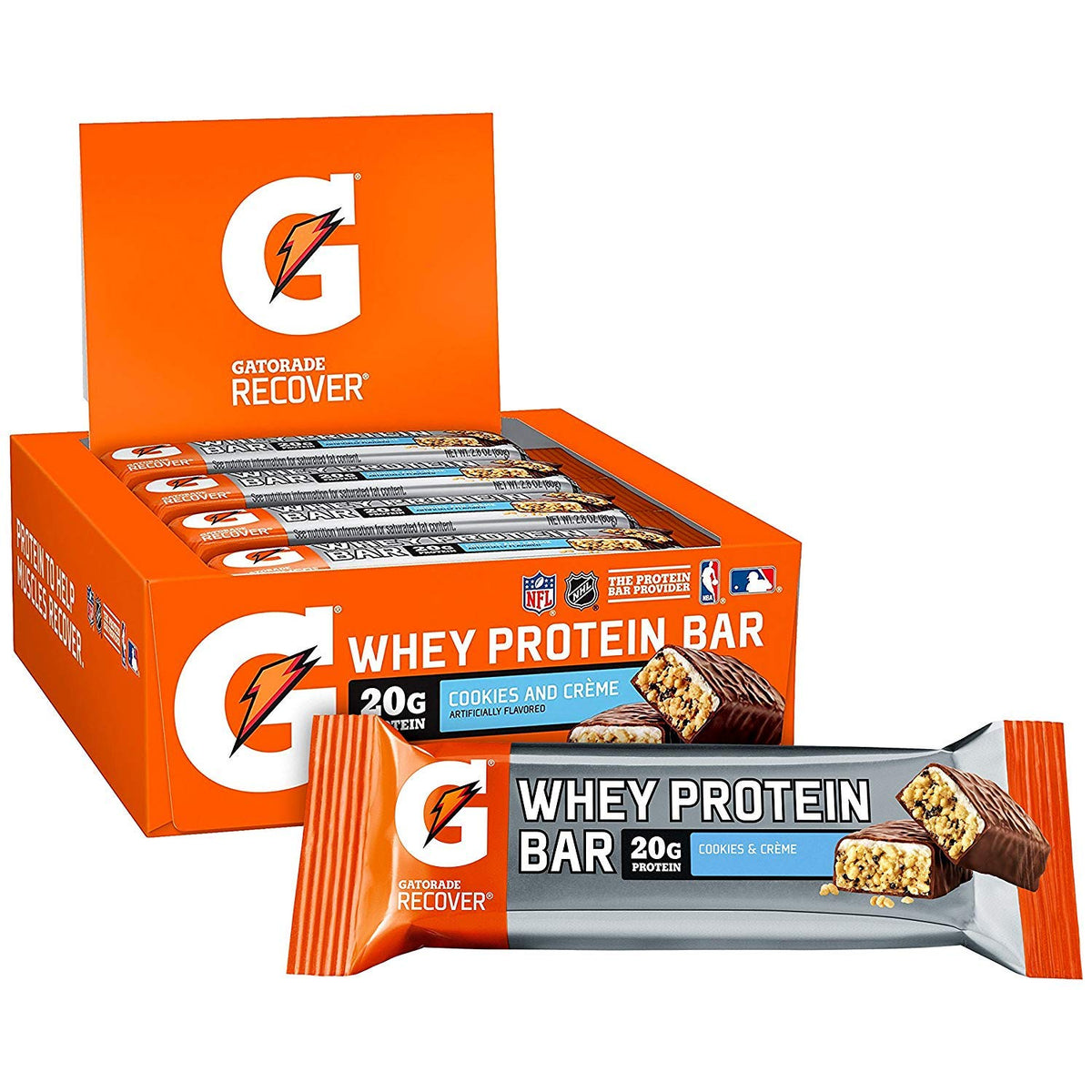 Gatorade Whey Protein Recover Bars – Cookies & Crème | 20g Protein | 2.8 oz | 12 Count