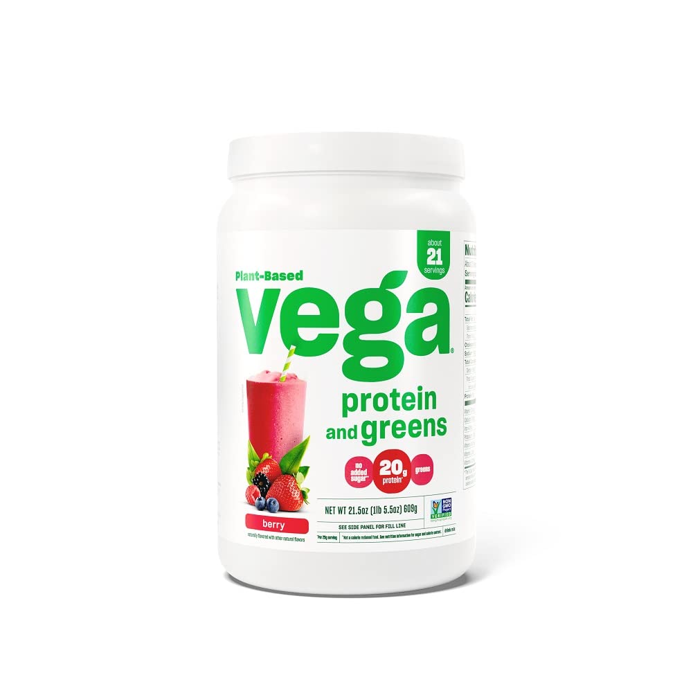 « Vega Protein and Greens berry protein powder side view »